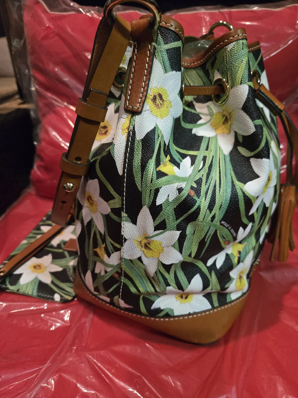 Dooney & Bourke Black Green Floral Drawstring Bucket Bag with Tan Trim. W/Pouch